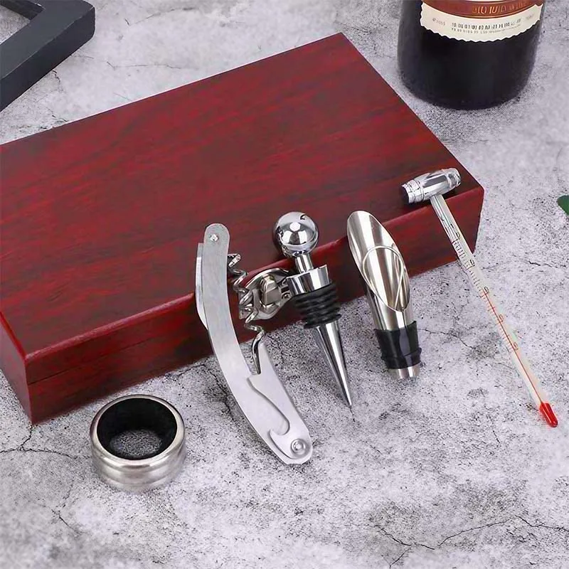 Оптовая продажа набор аксессуаров из 5 штук деревянная бамбуковая бутылка вина штопор подарочная открывалка для