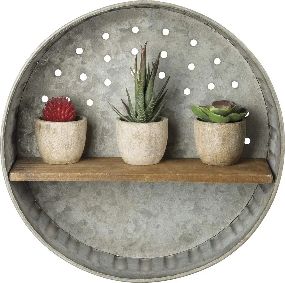 Great Garden or Kitchen Decor Rustic-Inspired Round Distressed Metal Wall Hanging with Wood Shelf