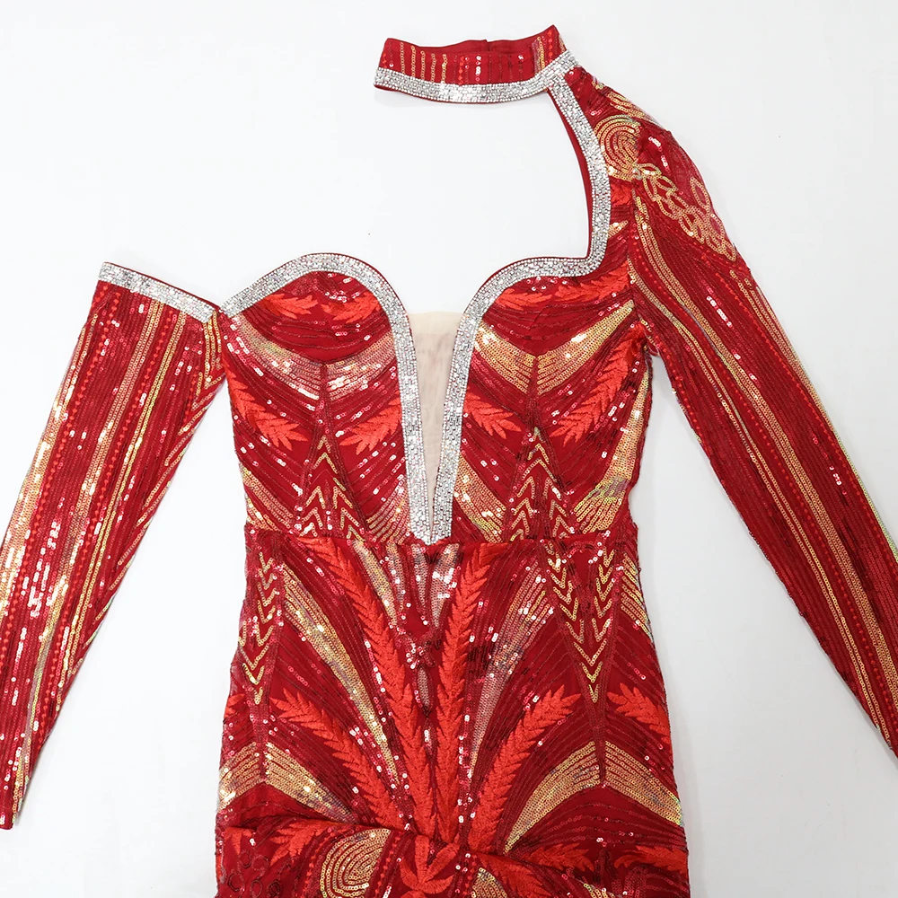 CY900126 Formal Evening Party Dress Halter Neck Long Sleeve Sweep Train Sequined Wedding Ceremony Dresses