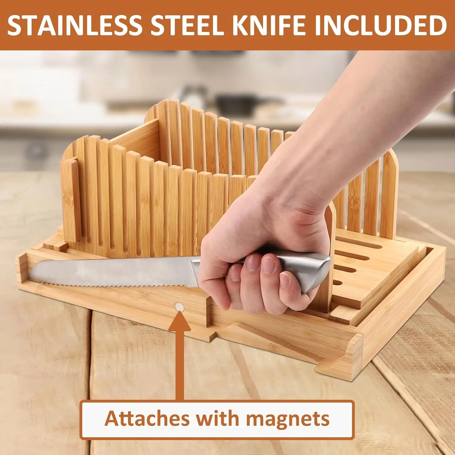 Bamboo Bread Slicer for Homemade Bread, Foldable Adjustable Slicing width Bread Slicing Guides, Makes Cutting Bagels