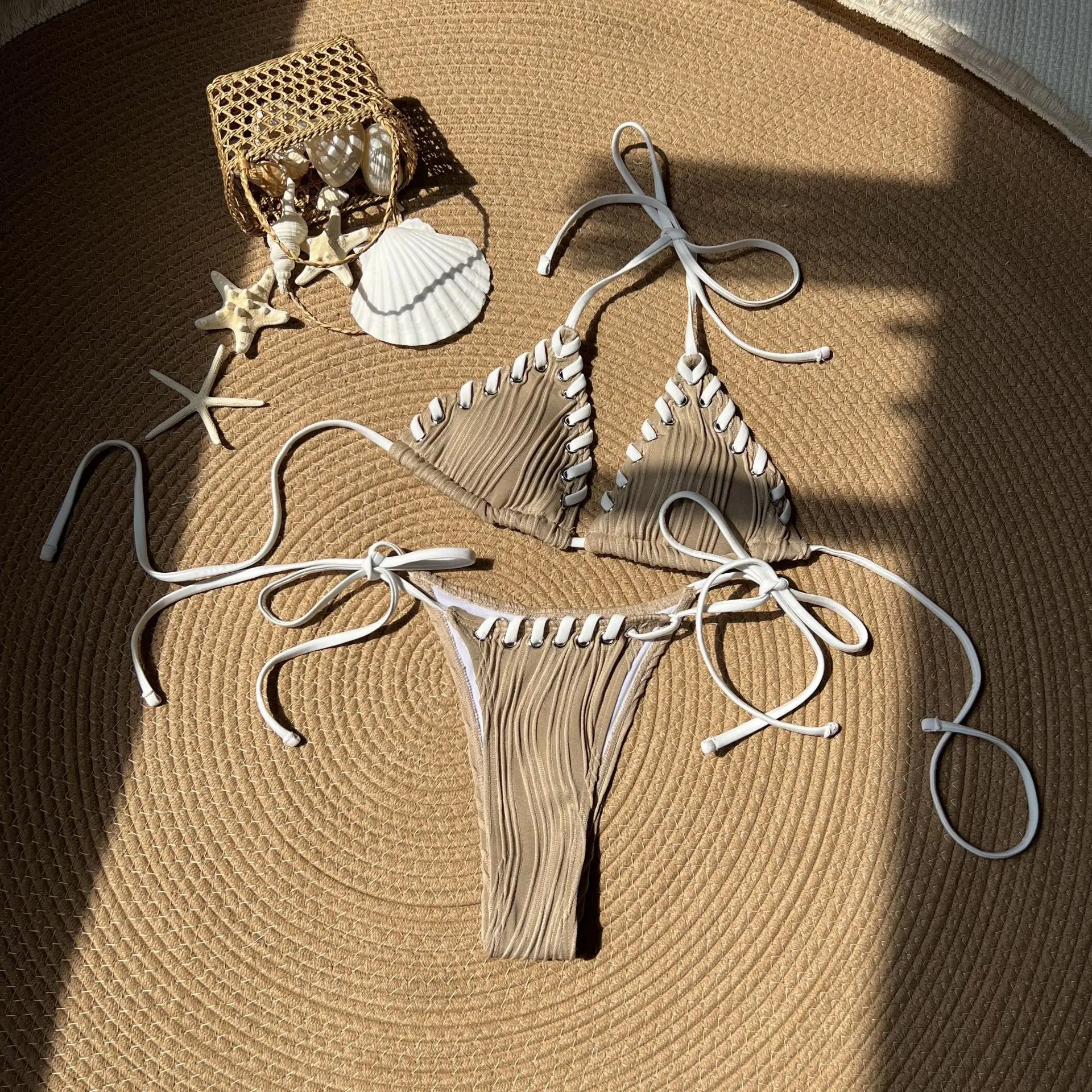 Hot Sale Triangle Top Textured Ribbed Swimwear Sexi Lady Mini Brazilian Bikini
