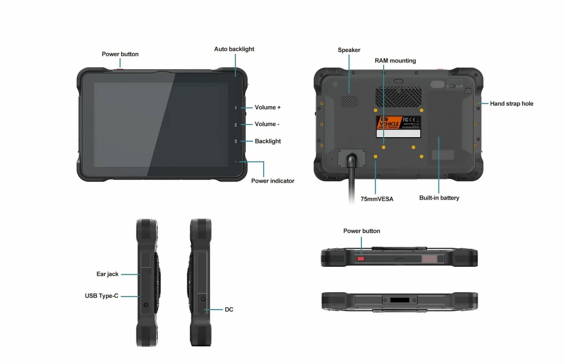 1000nits 10.1 inch Rugged Linux Debian 10 Tablet PC with ACC DC USB RS232 RS485 RJ45 GPIO CANBus for Fleet Management System