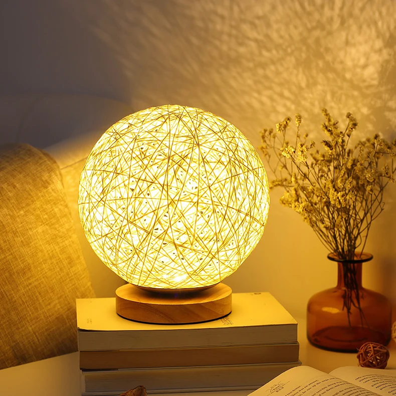 French Rattan Table Lamp Shade Night Light Creative Wood Base Led Rattan Ball Table Lamp