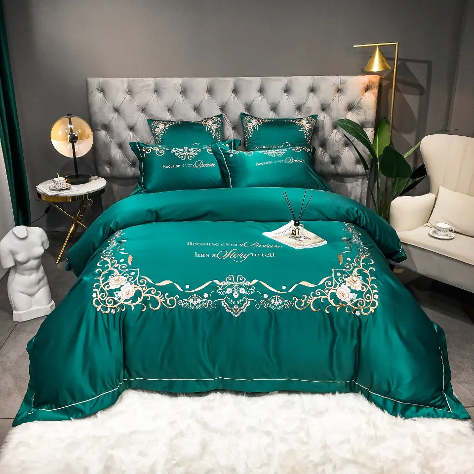 Modern Light Luxury Style Soft Embroidery 500tc Satin cotton bed sheets duvet bedding set