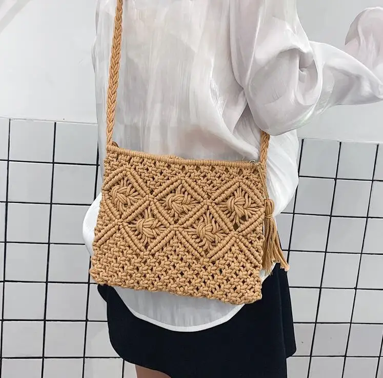 Handmade Cotton Rope Straw Women Hand Bags Vintage CHandmade Cotton Rope Straw Women Hand Bags Vintage Crochet Macrame Beach Bag
