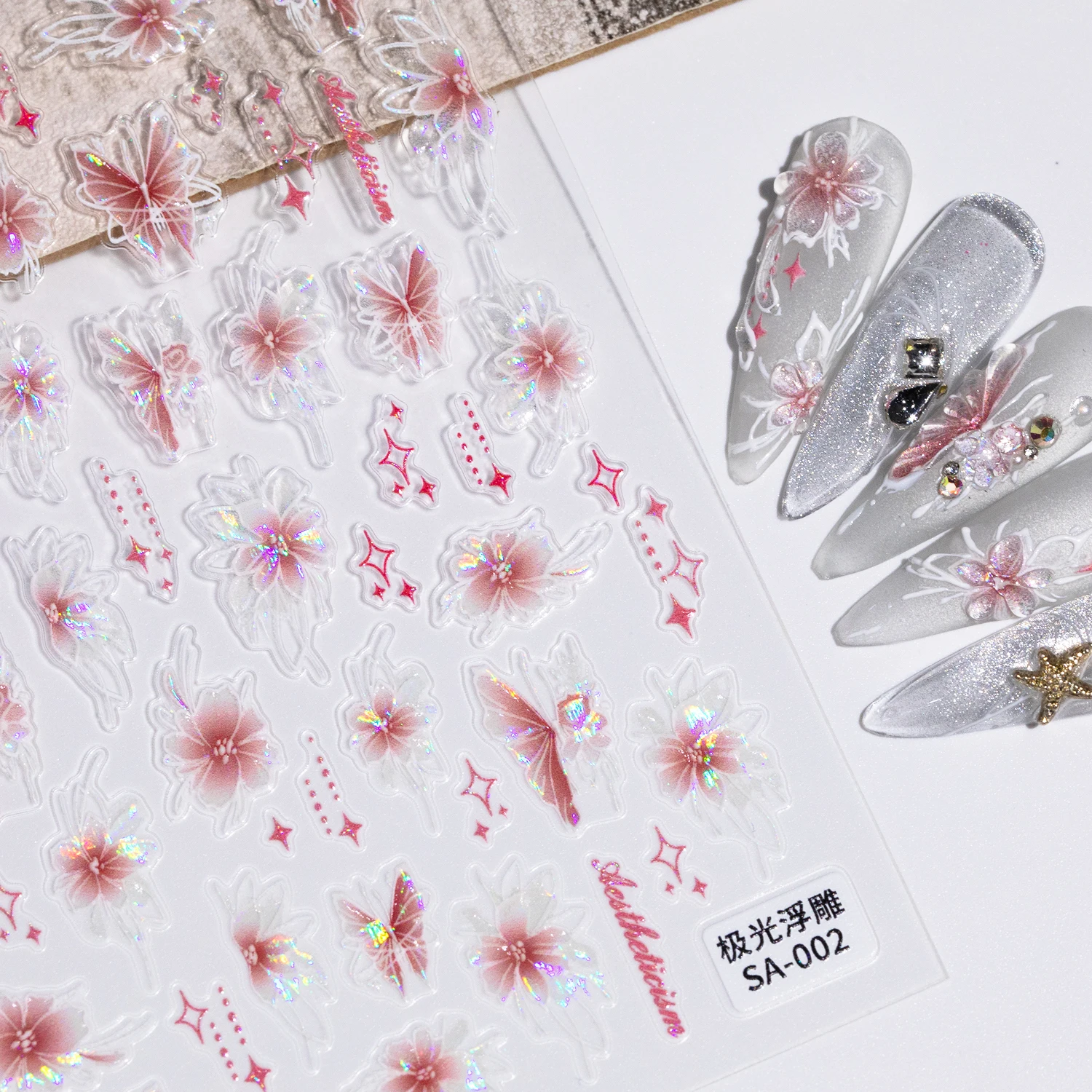 5D Engraved Butterfly Nail Manicure Sticker Holographic Crystal Fairy Rose Flowers Adhesive Decals Foils Wraps