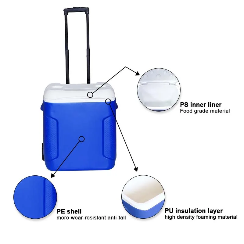 Popular 54L outdoor food fresh cold storage ice cooler box with wheels