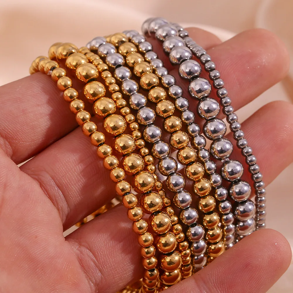 Gold Bead Bracelet 2mm 3mm 4mm 5mm 6mm 8mm 10mm 18k Gold Stainless Steel Gold Ball Bead Bracelets for Women