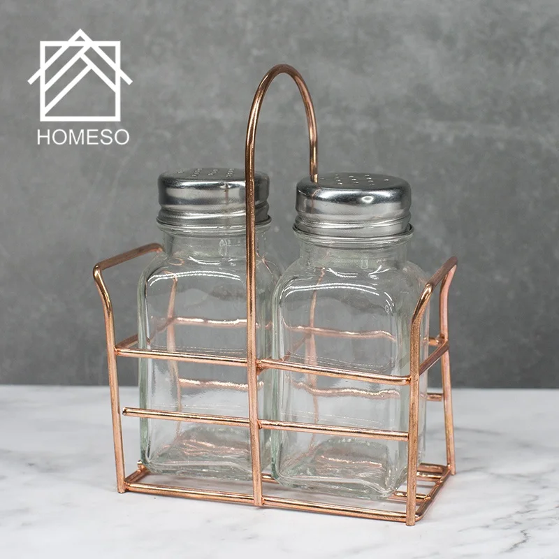 Rose Gold Metal Spice Rack Salt And Pepper Shaker Sets Glass Spice Jar Set