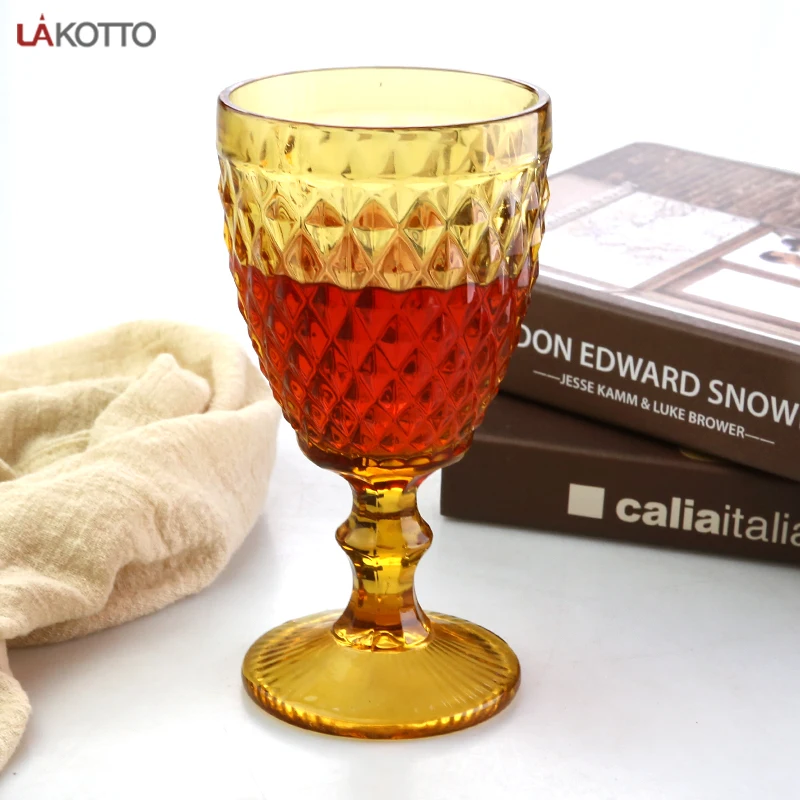Color Embossed Engraved Glass Wine Drinking Goblet European Style Vintage-inspired Pattern light amber water goblets