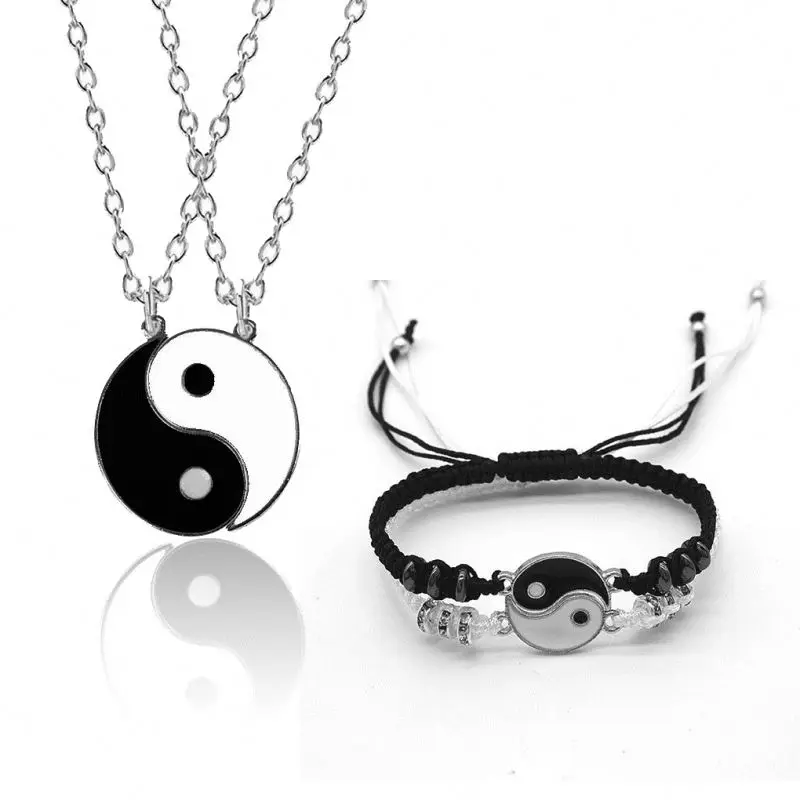 1 Set Tai Chi Yin Yang Paired Pendants Charms Braided Chain Couple Couple Bracelet and Necklaces For Women Men Best Friends