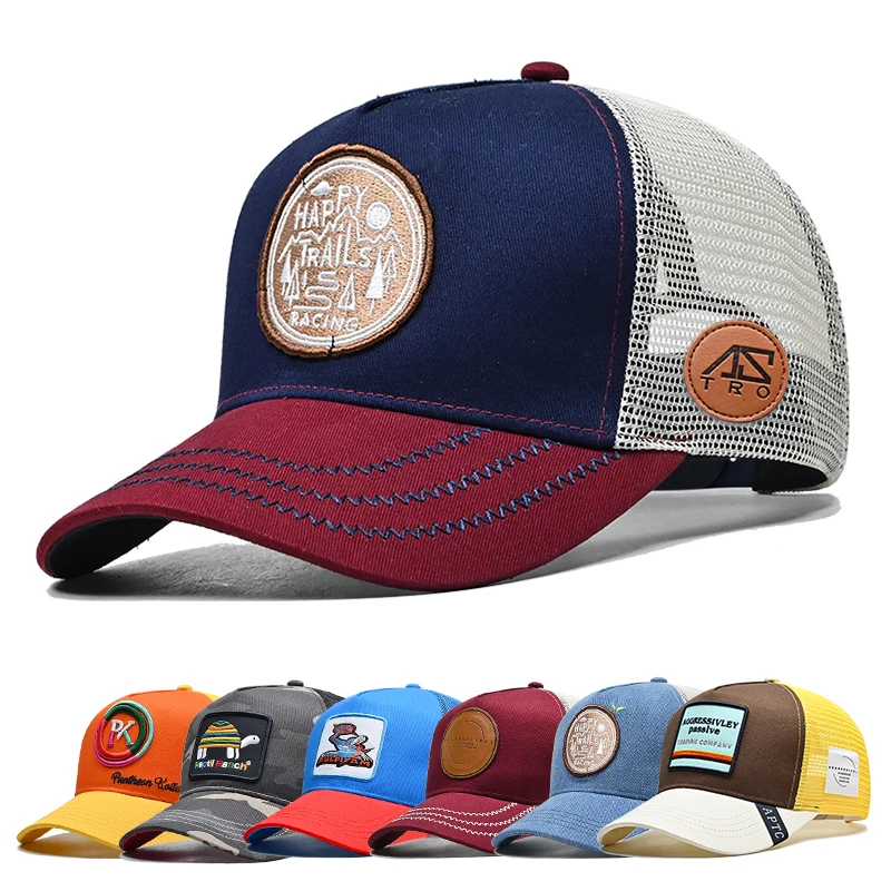 custom with logo hat 3d embroidery leather patch logo 5 panel hat baseball cap mens trucker hat sport gorras  Wholesale