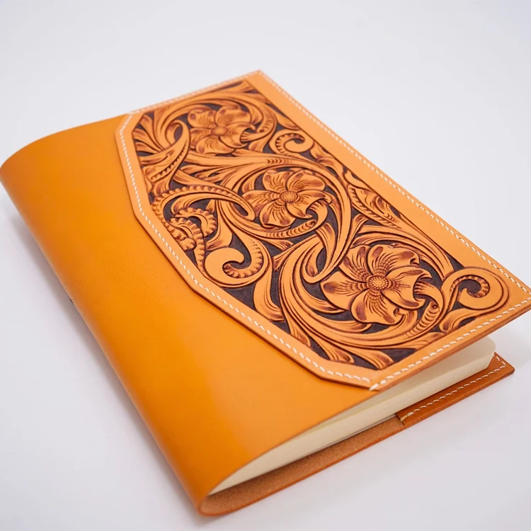 Custom Business Gifts Anniversary Souvenirs 100% Genuine Cowhide Leather Hard Cover Notebook With Hand Carved Decorative Flower
