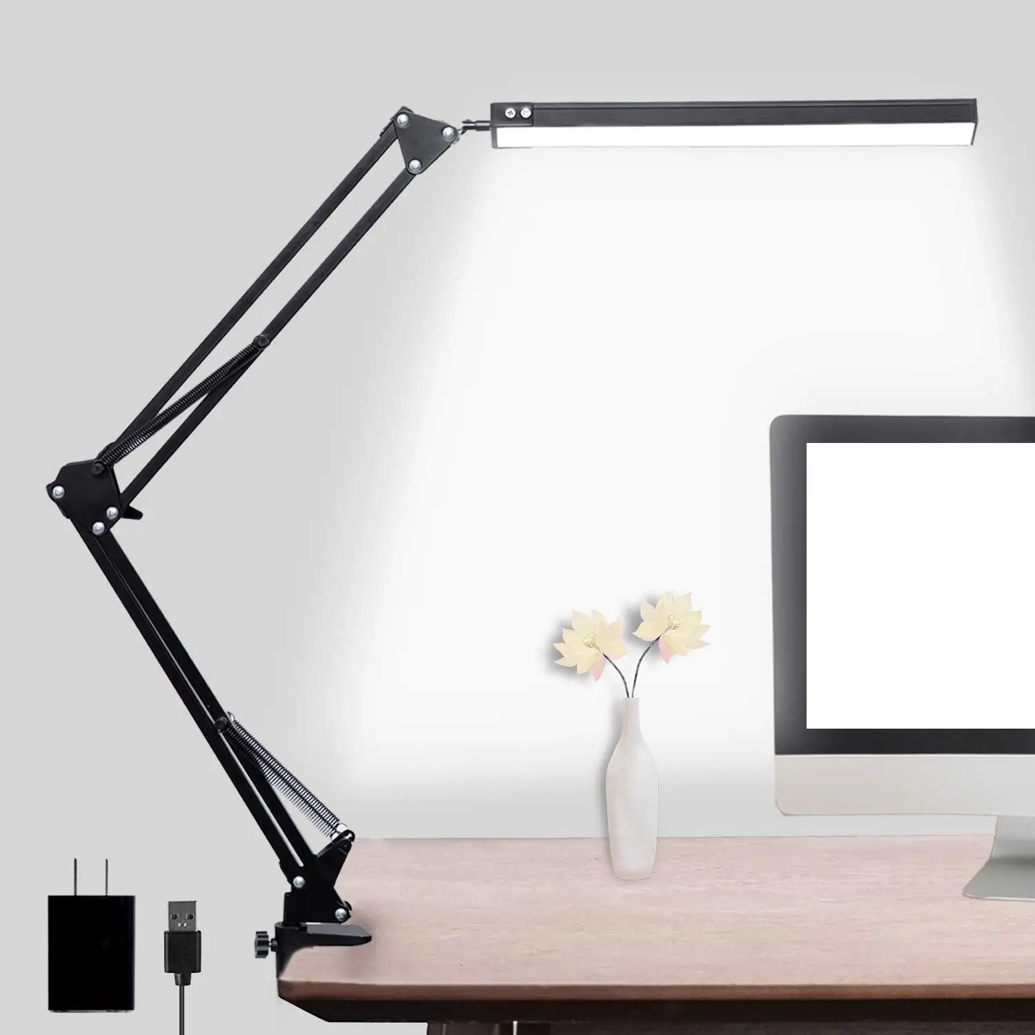 LED Desk Lamp Adjustable Swing Arm Lamp with Clamp Eye-Caring Reading Light Memory Function Lamps for Home Office Adapter