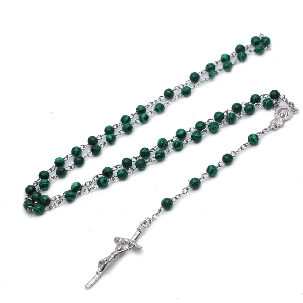 Malachite Natural Stone Catholic Rosary Necklace High end Cross Statue Christ Religious Supplies