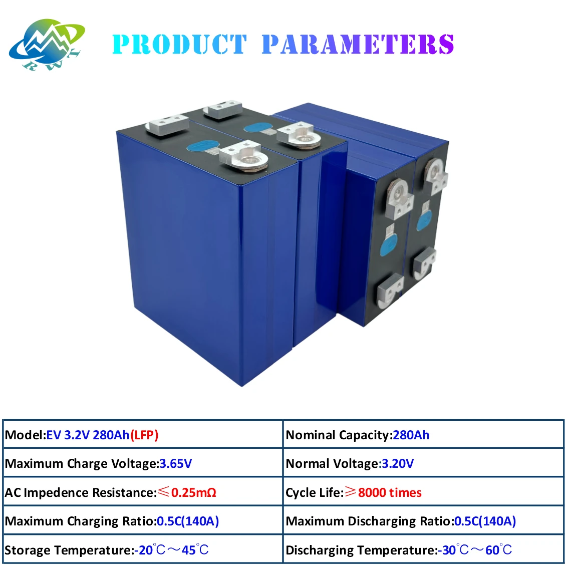 RWT Large Capacity Lithium Battery EV Using V3 Ear and 4-holes bus bar for Lifepo4 3.2 V 280Ah
