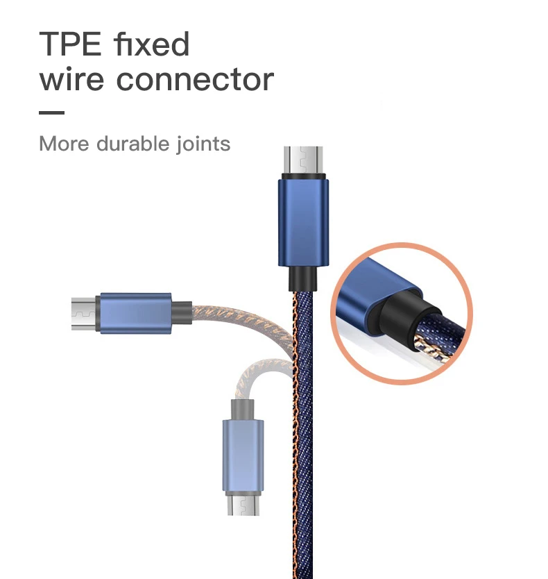 Free sample For Mobile IOS Type C Android  1M Durable Denim colth Braided Micro USB Cable Sync Data Cable Phone