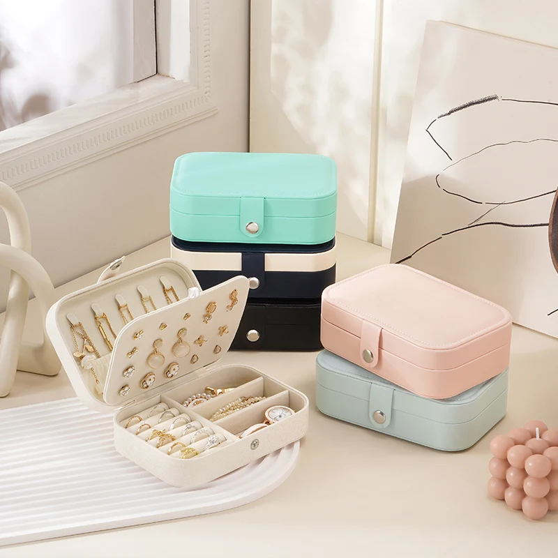 Custom Logo Small PU Leather Rectangular Ring Earring Necklace Bracelet Travel Jewelry Boxes