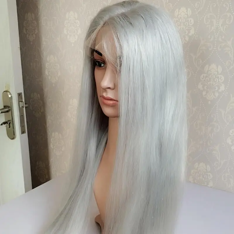 Factory direct supply gray wig 100% mink brazilian human hair grey lace front wig silky straight grey wig