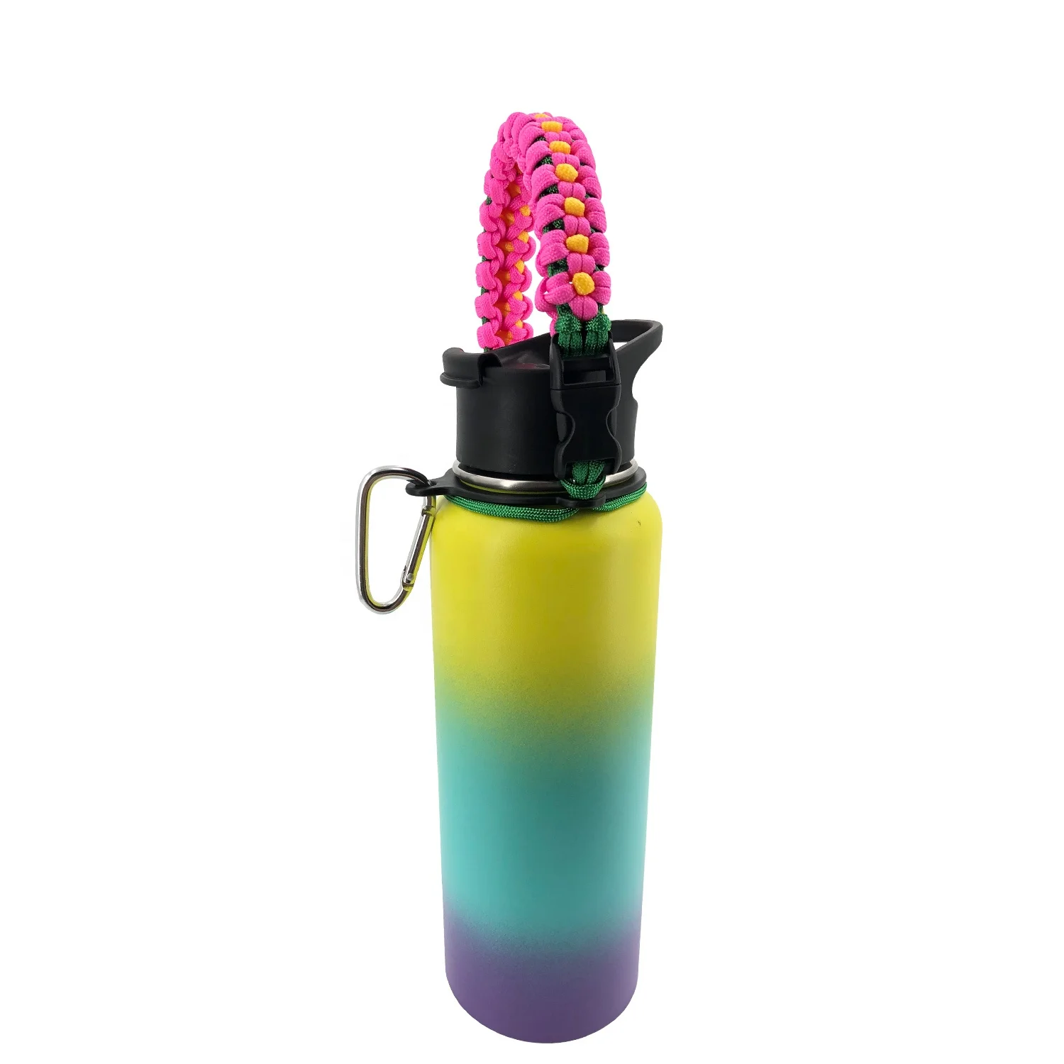 Sunflower Braid Water Bottle Handle Survival Carabiner Paracord Holder for Hiking Camping