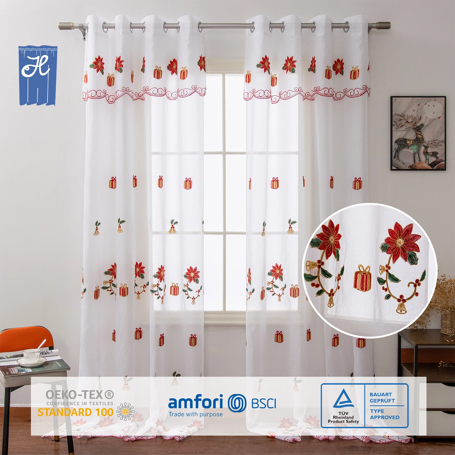 Wholesale Christmas Xmas Design Cartoon Sheer Tulle Embroidered Embroidery Curtains Drapes For Living Room Window With Valance