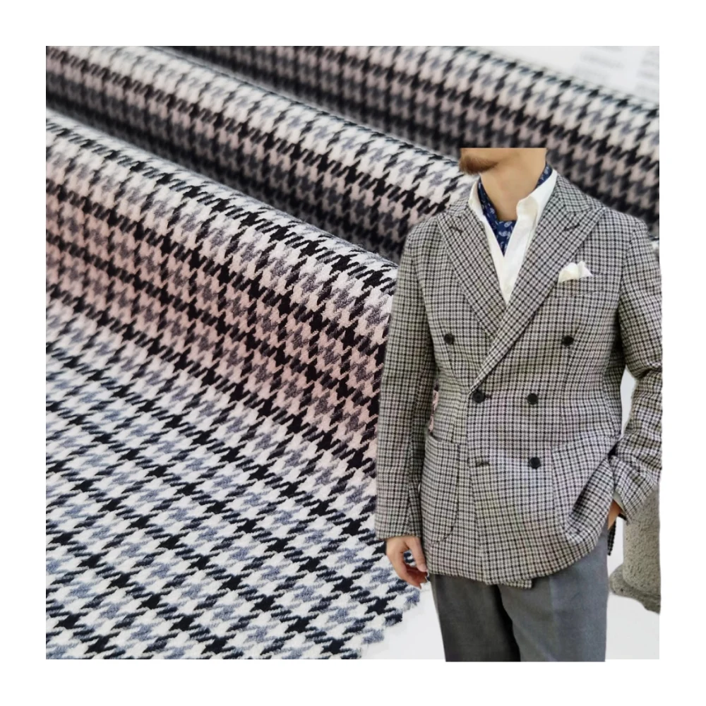 New arrival black and white houndstooth squares blended woven tweed wool Jacquard fabric for suit coat