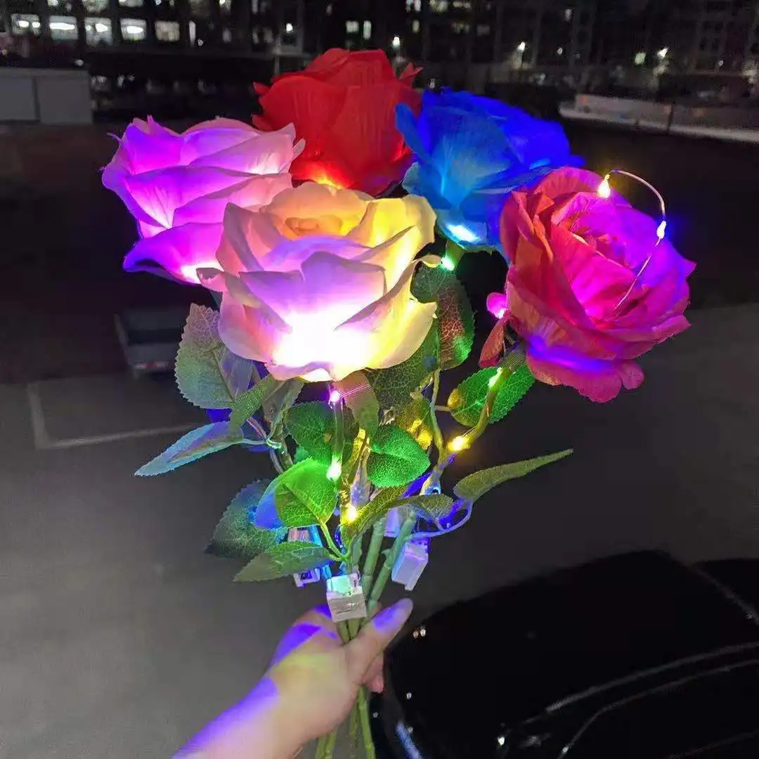 Romantic LED Luminous Glowing Rose for Valentines Day Gift Shining Colorful Lights Flowers for Party Proposal Decorations
