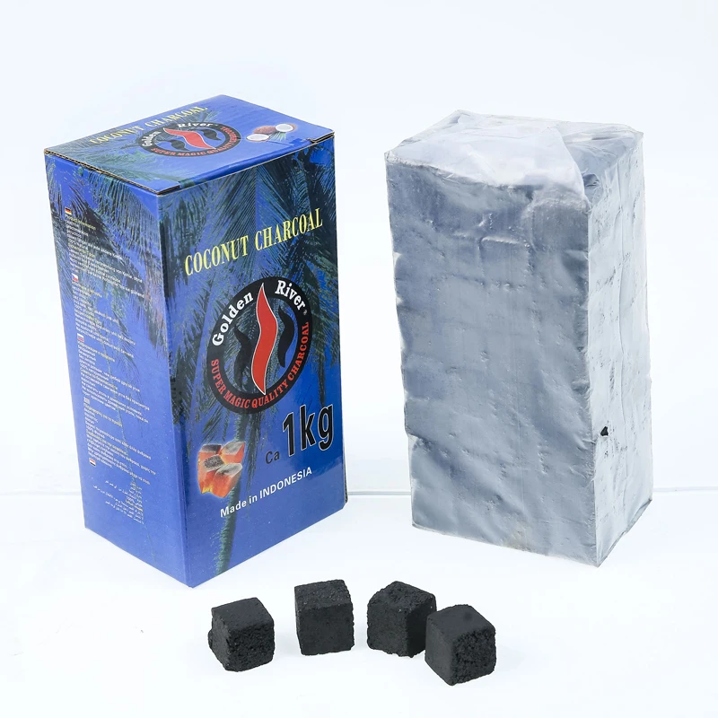 high quality low price 1kg 22mm Square Golden River cube coconut shisha charcoal