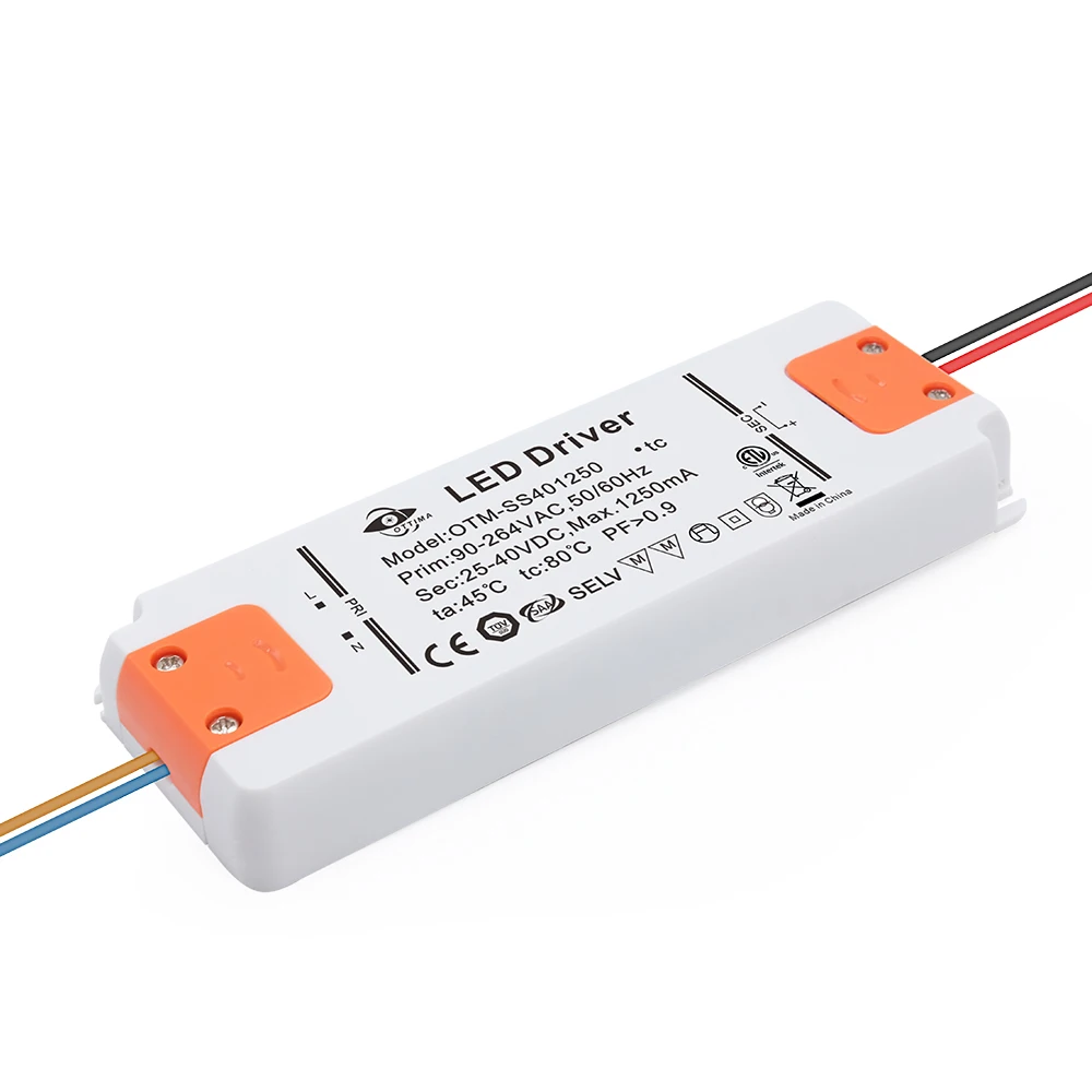 Ультратонкий IP20 50W 25V-40V 1250MA Высокий PF Бесплатный мерцание 3 года гарантии с TUV RoHS светодиодный