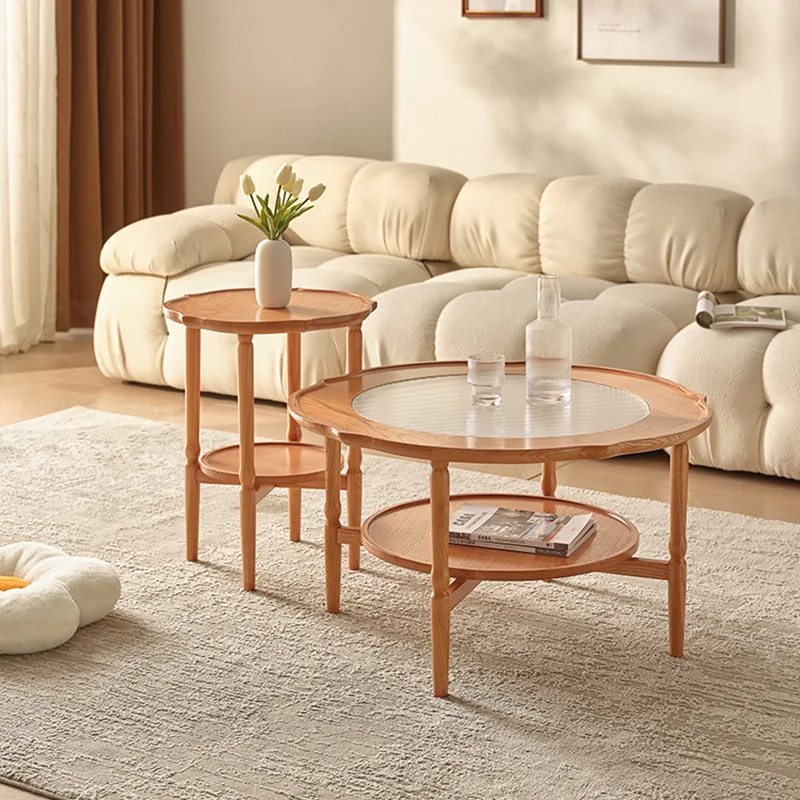 Dreamhause Japanese-style Creative Living Room Wood Glass Coffee Table Homestay Apartment Flower Round Low High Tea Table Set