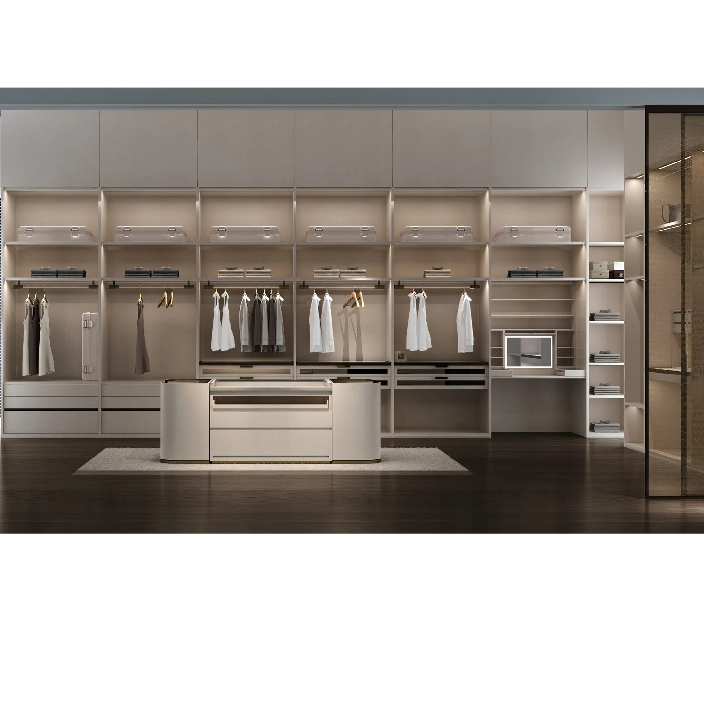 Custom design villa furniture walk-in closet modern luxury transparent glass door wooden bedroom wardrobe