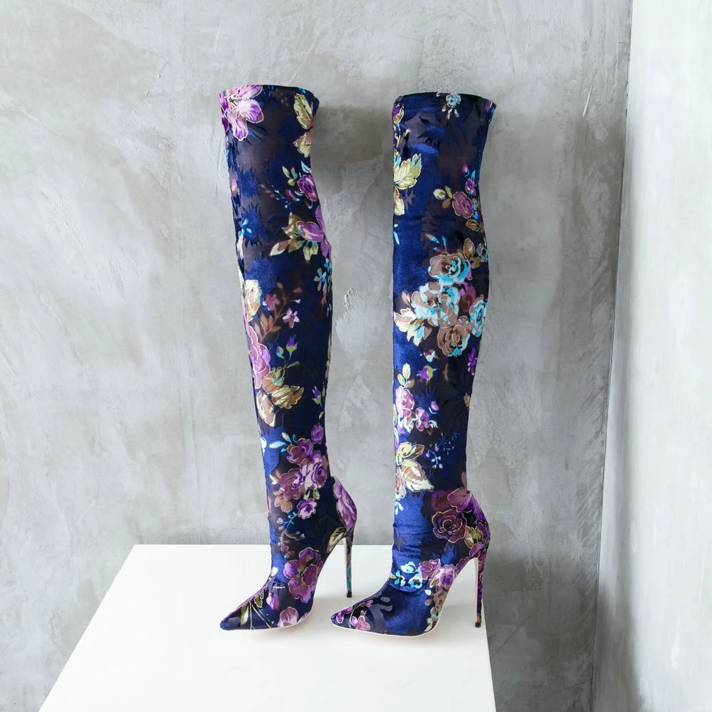 
Fashion High Quality Floral Women Over The Knee High Boots Stretch Thigh High Boots Pointed Toe Flower Winter Boots FoR Ladies 