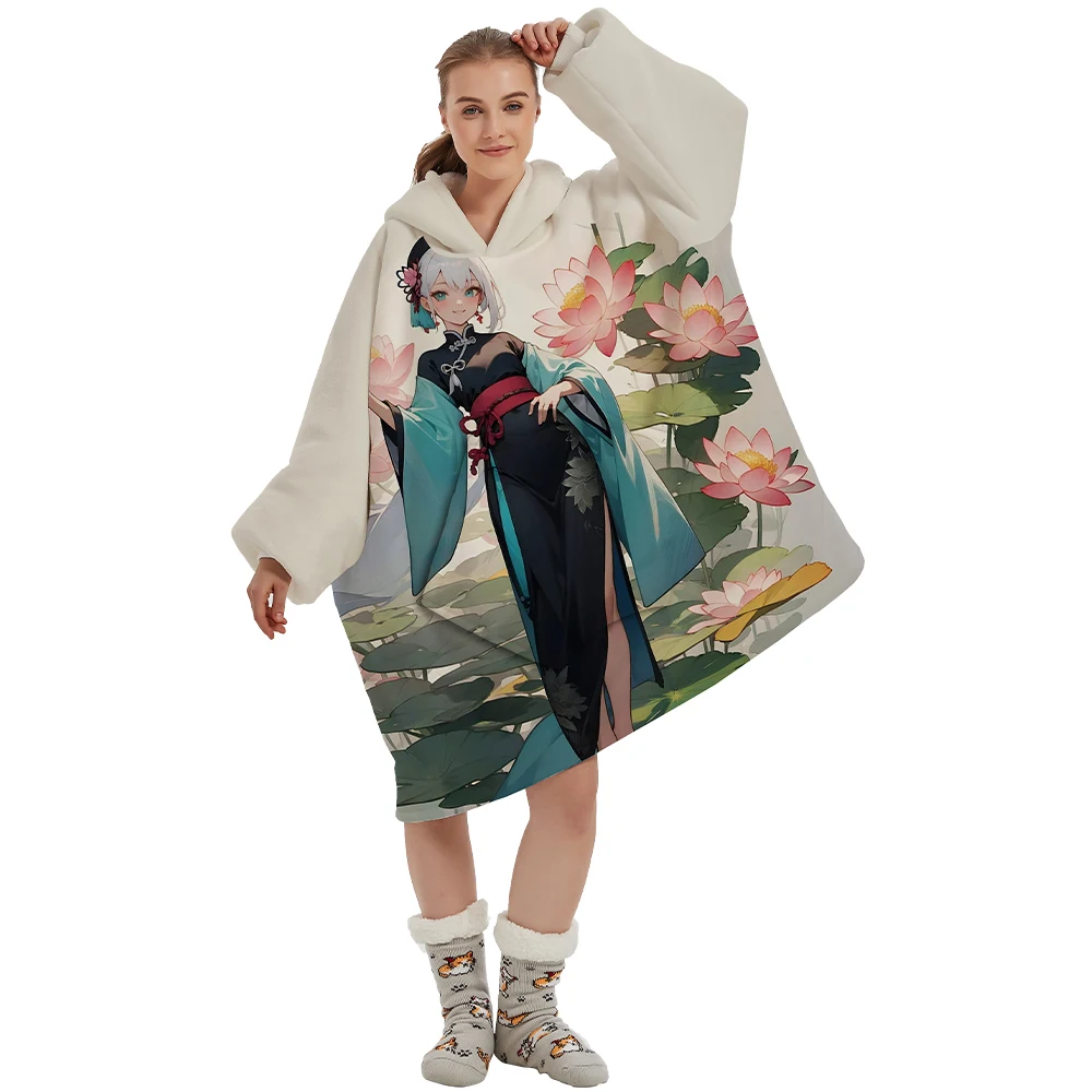 Custom Anime Print Family Warm Cozy Plush Fleece Long Oversized Wearable Lazy Hoodie Blanket With Hood