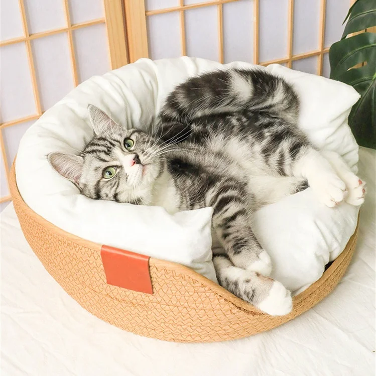 Cute Cat Bed with Soft Cushion Hand-Woven Basket nest Wicker Pet Bed with Removable and Washable Cushion,