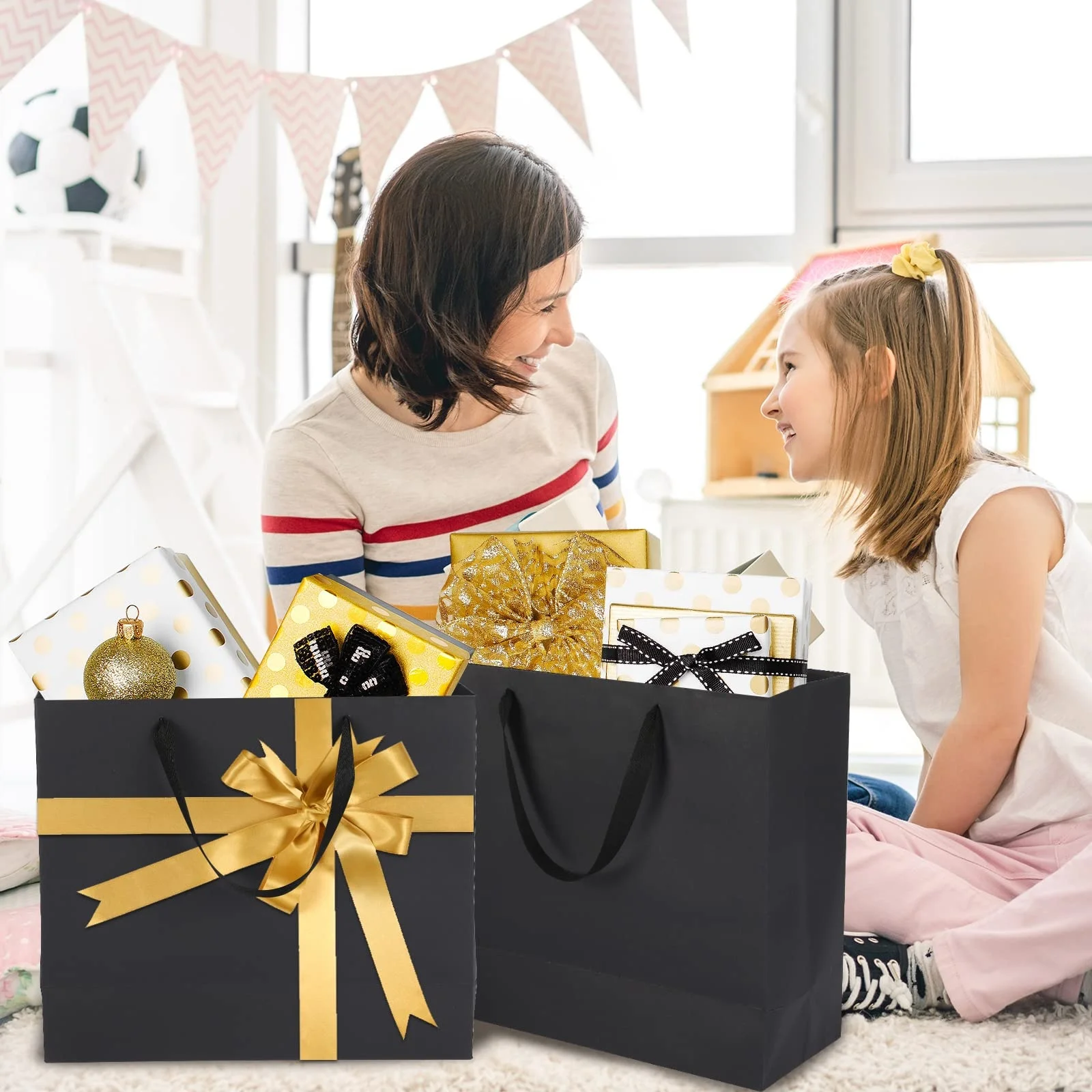 Custom Large Shopping Bags Heavy Duty Wrap Wedding Packaging Cloth Black Paper Gift Bags with Handles