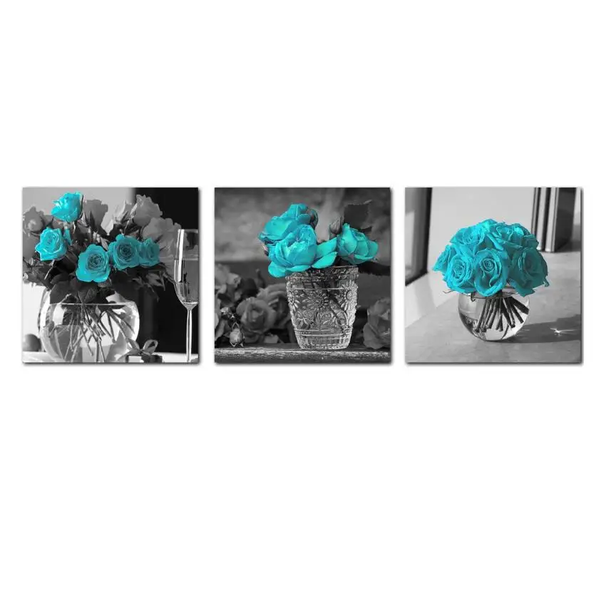 Deco Canvas Picture Frame Flowers Living Room Art Contrast Color Blue 3 Pieces Modern Flower Printing Canvas Painting Wall Art