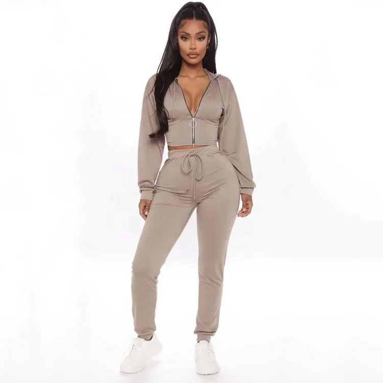 Hot Sale Custom Two Piece Set Tracksuit Women Zip Crop Tops Hoodie Joggers Sweat Suits Velour 2 Piece Sets Sweatsuit Tracksuit