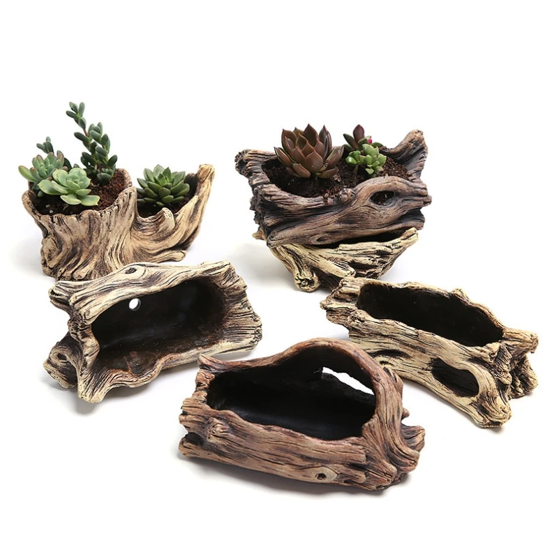 Creative Flowerpot Cement Tree Root Carving Mini Pastoral Flowerpot Succulents Basin Reusable Flower Planter Stump Flower Pot