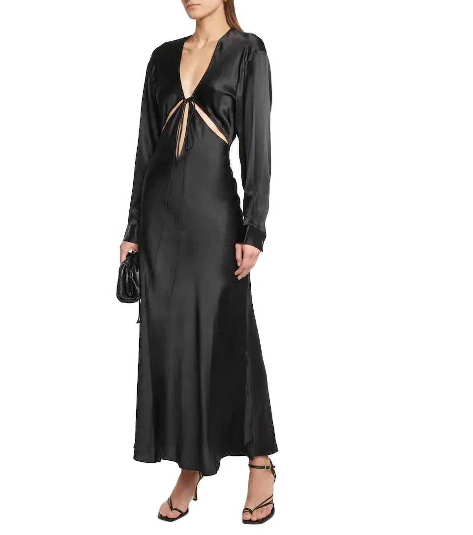 2022 New fashion Deep V neck sexy factory custom 100% silk fabric silk dress