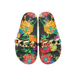 Amazing Comfortable Slippers!! Colorful Flower Patterns Summer Women Slides Chain Soft Floral Design Women Flat Slippers