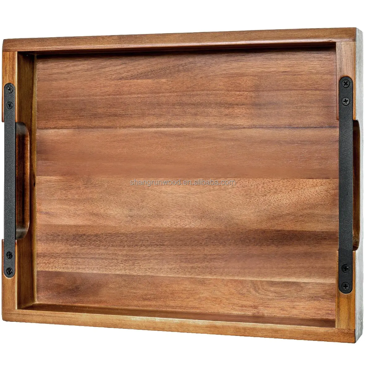 Wood Serving Tray With Black Metal Handles, Household Products Rectangular Wood Tray For Ottoman, Food, Breakfast, Eating Tray