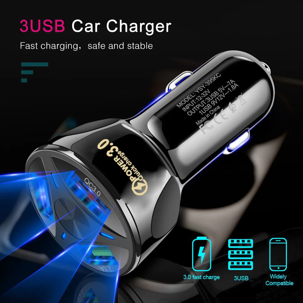 OEM 3 Ports USB Car Charger Quick Charge 3.0 Fast Car Cigarette Lighter For Car Charger QC 3.0