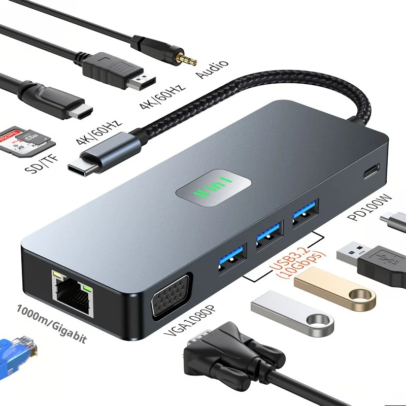 11 in 1 USB C Hub Docking Station With Dual 4K30Hz HDMI DP SD TF USB 3.2 USB-C 10GB PD 100W VGA RJ45 3.5mm Audio Ports For PC