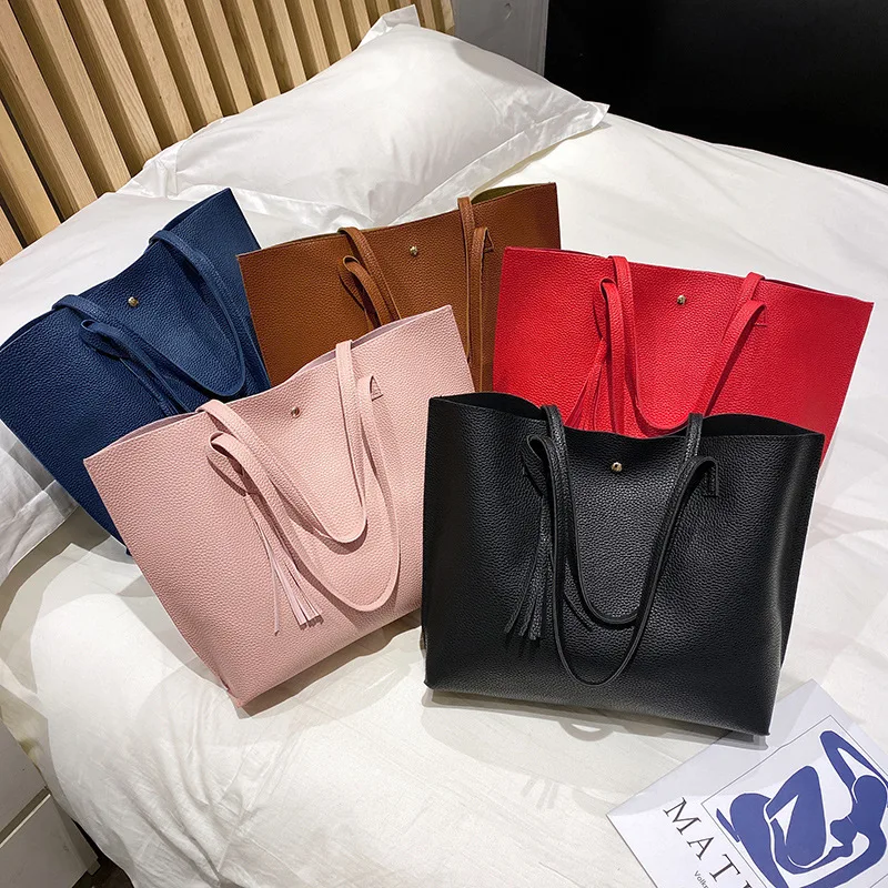Luxury Lychee Pattern Fringe Ladies Shopping Handbag PU Leather Shoulder Strap Tote Bags For Women