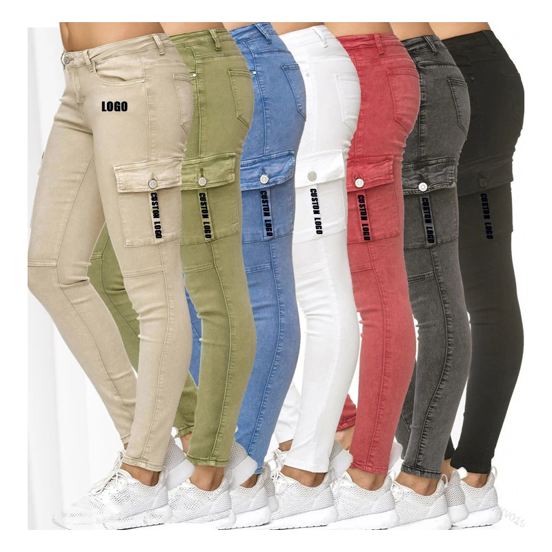 Free Shipping new style more choices of color denim ladies pencil pants With side pockets women cargo jeans