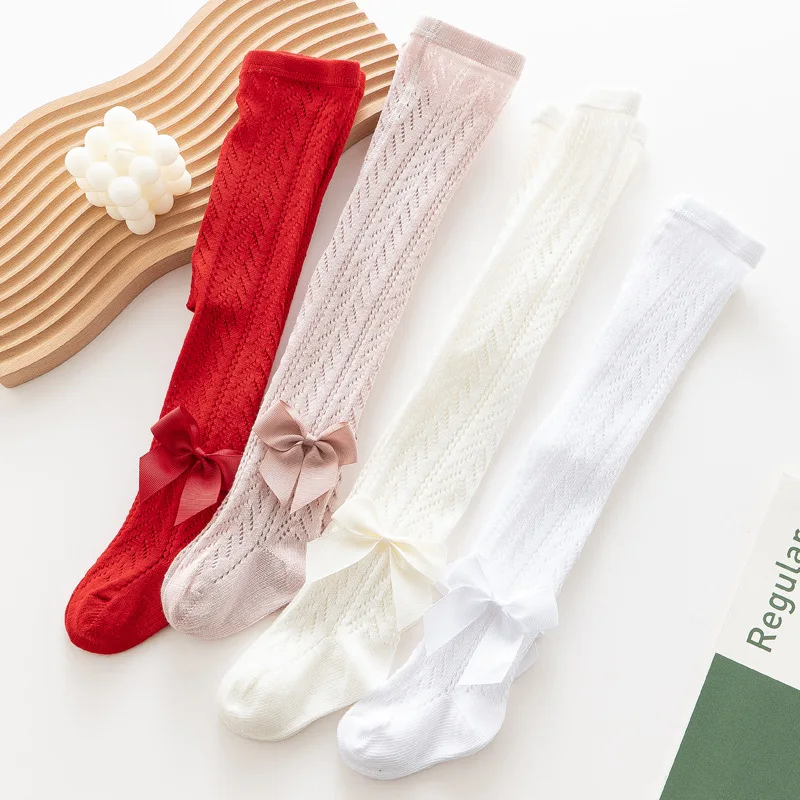 Korea Fancy Solid Color Princess Bows Newborn Tights Pantyhose Thin mesh Hollow Out Lovely Baby Kids Pantyhose