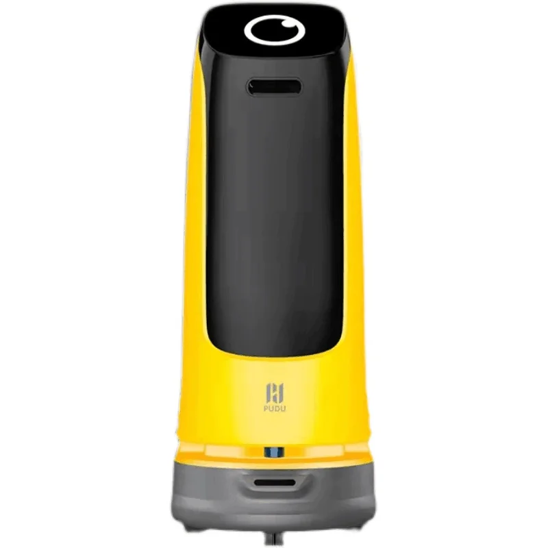 Brand new smart intelligent automatic robot waiter for restaurant hotel showing advertisements guiding robot welcoming