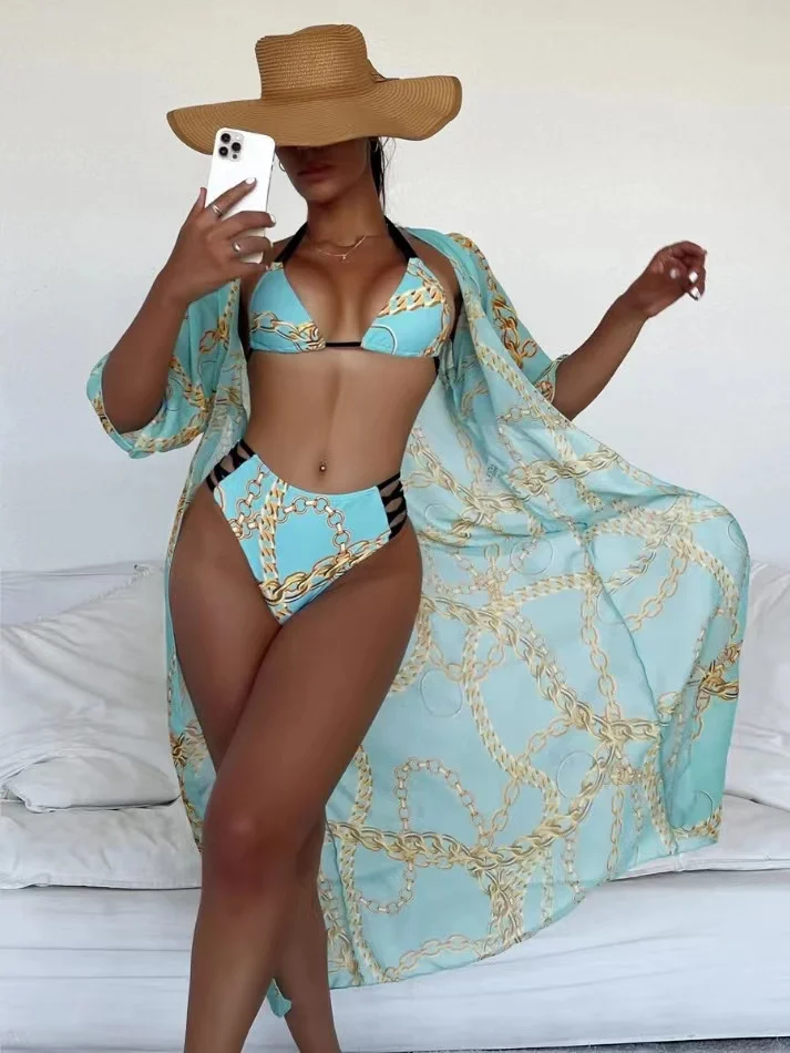 2022 summer new fashion printed ladies cloak + bikini split swimsuit three-piece beach bikini