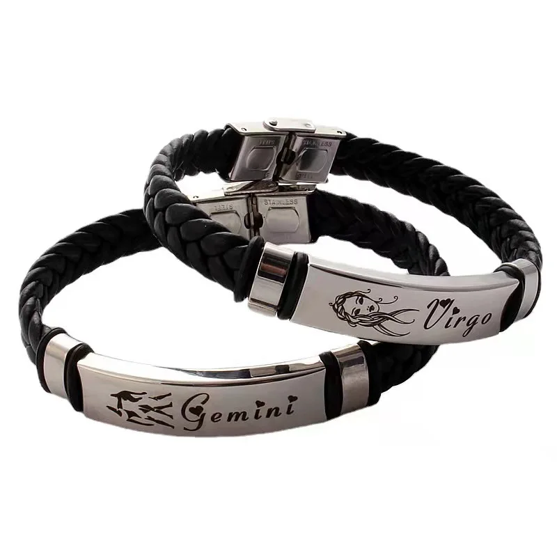 New Design Custom Men 12 Zodiac Signs Stainless Steel Leather Charm Bracelet