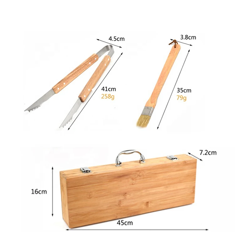 BBQ Accessories 5 Piece Stainless Steel Barbecue Grill Utensil Tools Set Bamboo Wooden Handle BBQ Tool Sets with Wood Box Case